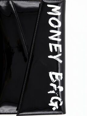 NWT U Style "Money Bag" Black Patent Envelope Clutch + Gold Chain Strap